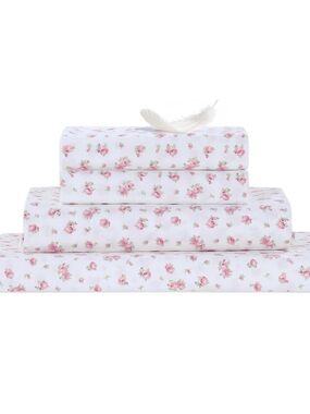 Classic Floral Cotton Sheet Set in Pink on White